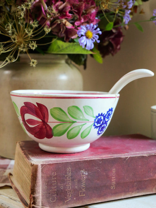 Antique Spongeware Cawl Bowl With Spoon