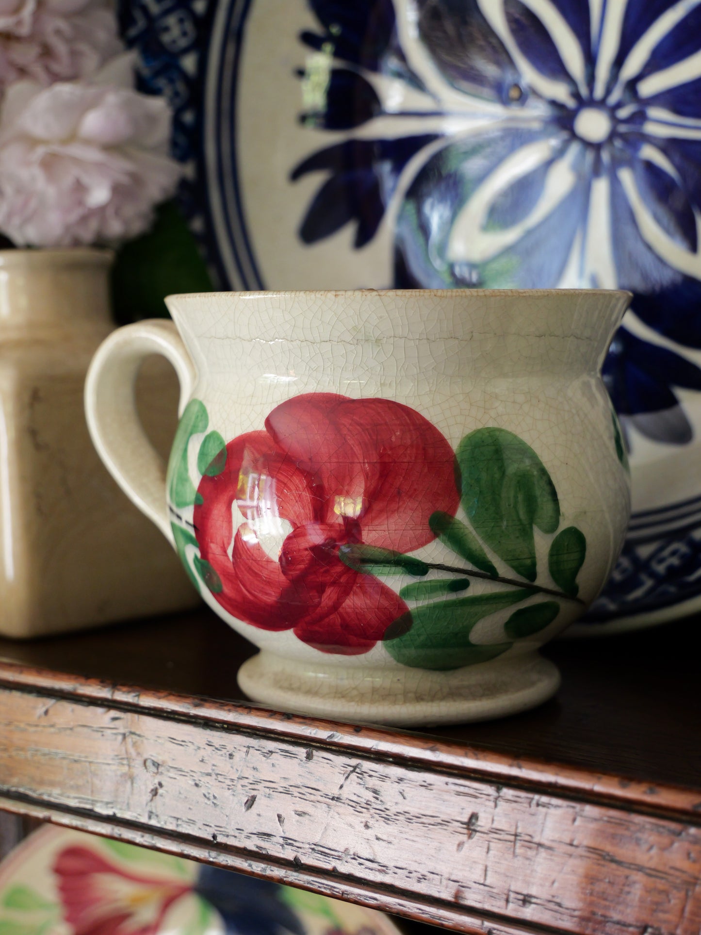 Antique Welsh Spongeware Rose Pattern Mug