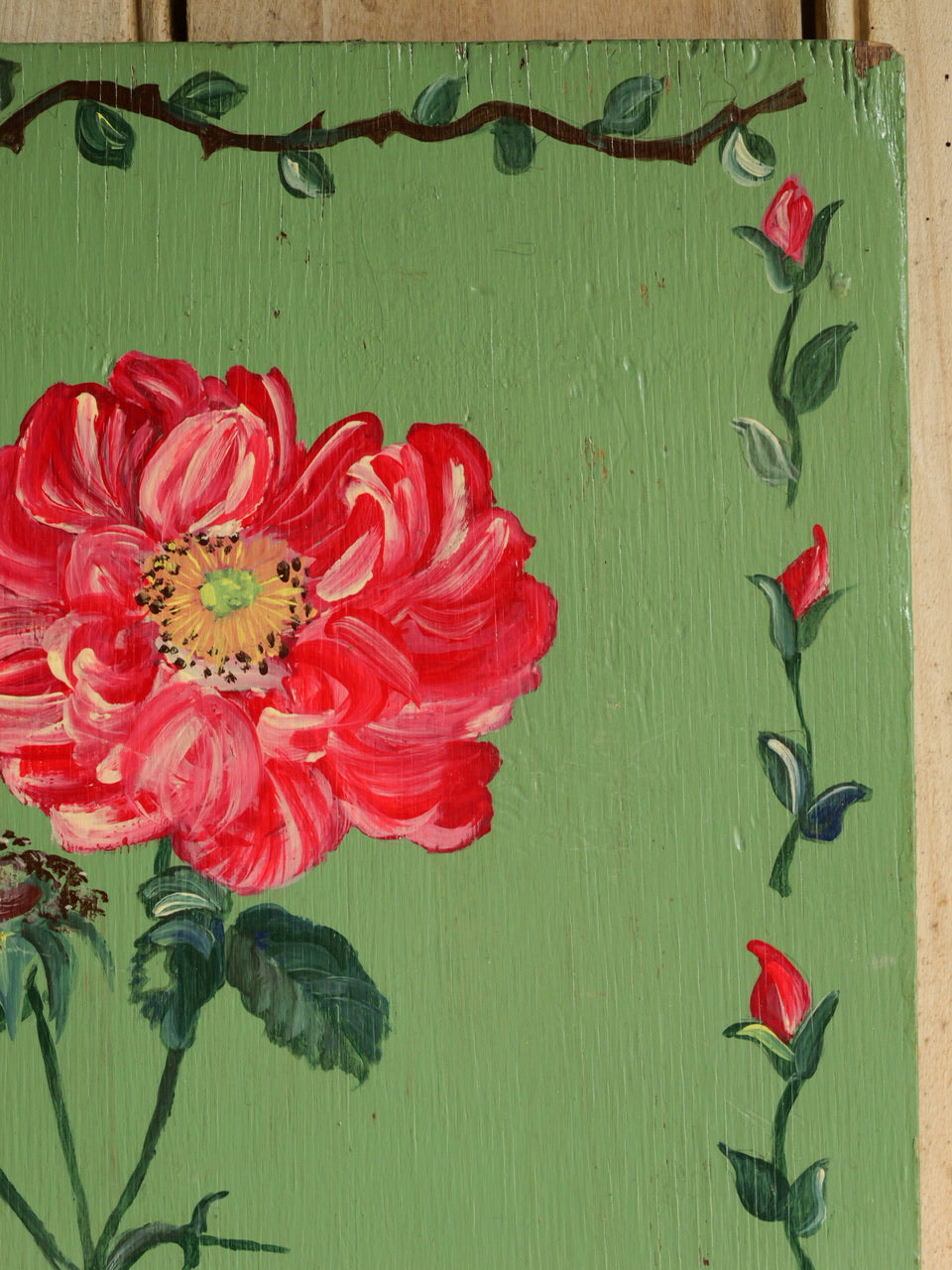 Vintage Folk Style ‘Peony’ Painted Wood Panel