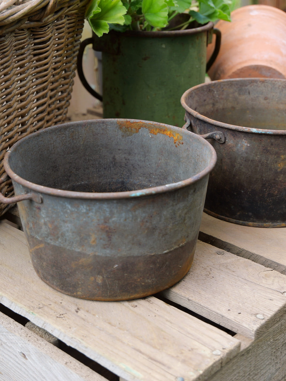 Vintage Pair of Rustic Metal Pots