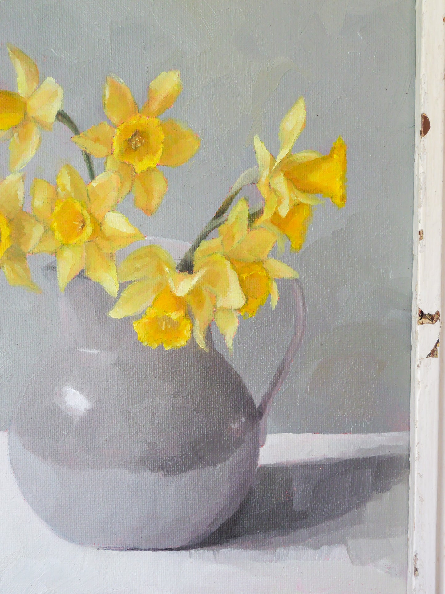 ‘Yellow daffodils in a grey jug’ - Original framed oil painting