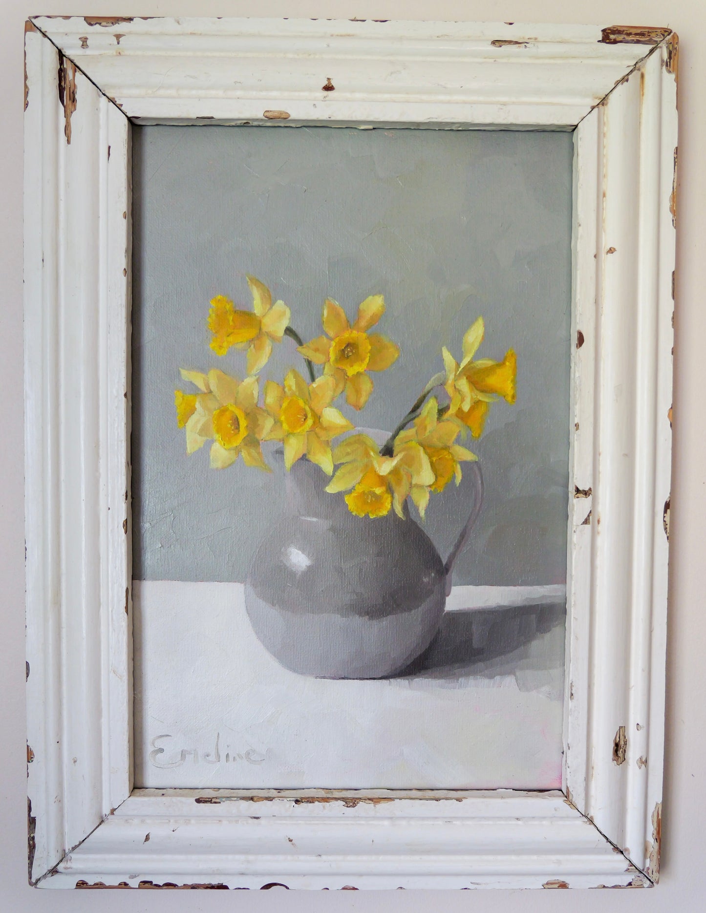 ‘Yellow daffodils in a grey jug’ - Original framed oil painting