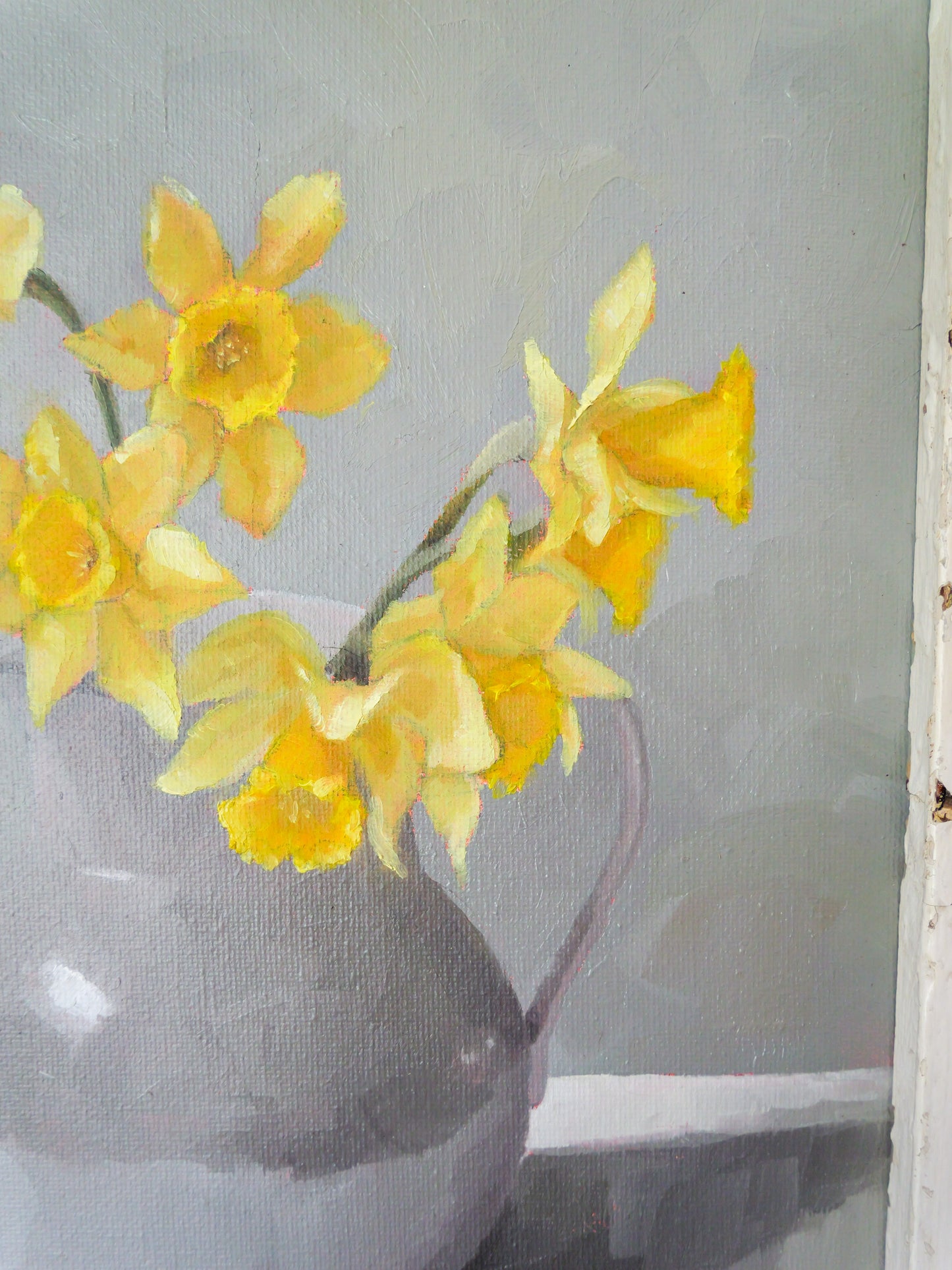 ‘Yellow daffodils in a grey jug’ - Original framed oil painting