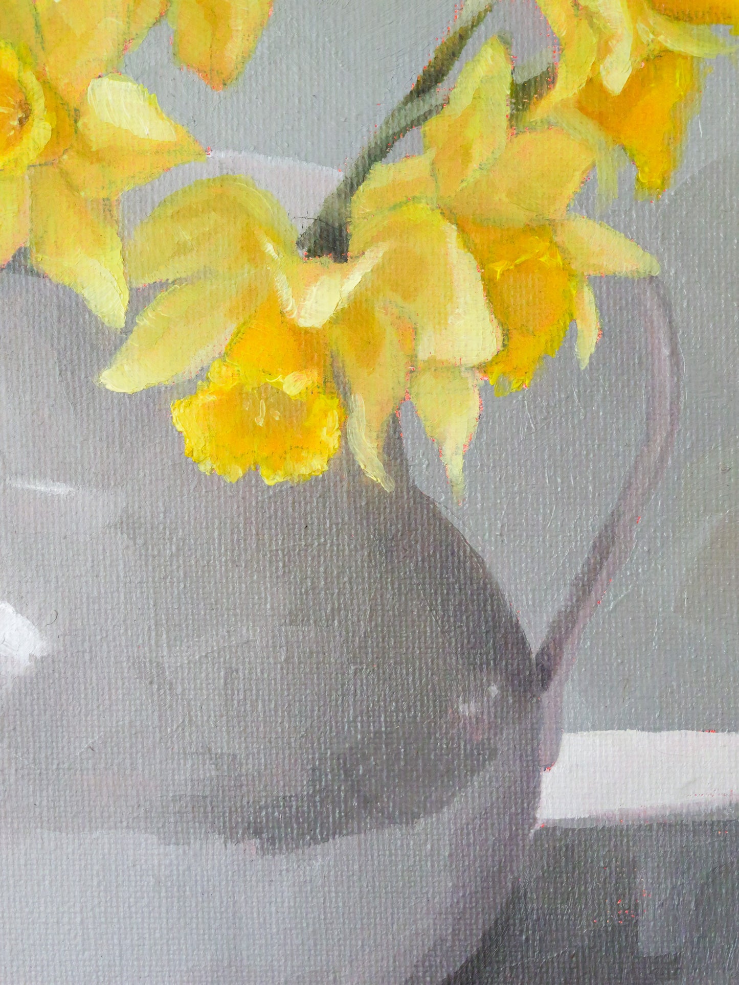 ‘Yellow daffodils in a grey jug’ - Original framed oil painting