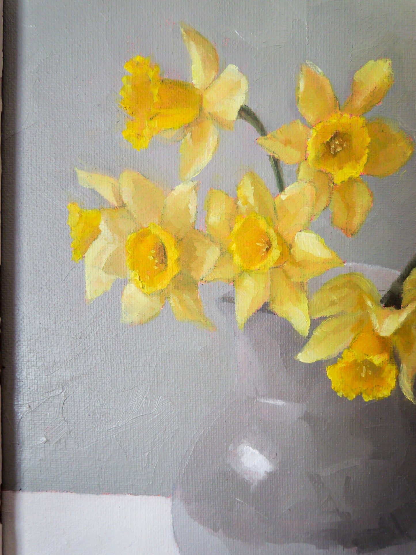 ‘Yellow daffodils in a grey jug’ - Original framed oil painting