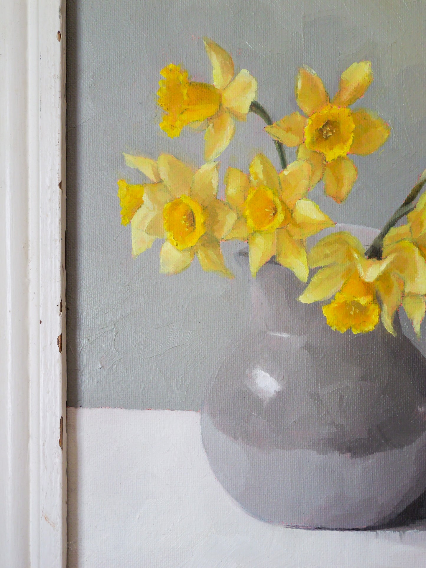 ‘Yellow daffodils in a grey jug’ - Original framed oil painting